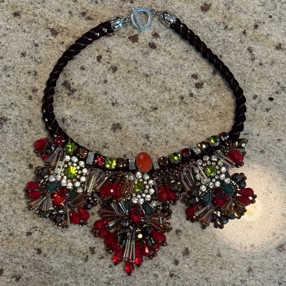 Multicolor Crystal Statement Necklace with Red and Green Accents
